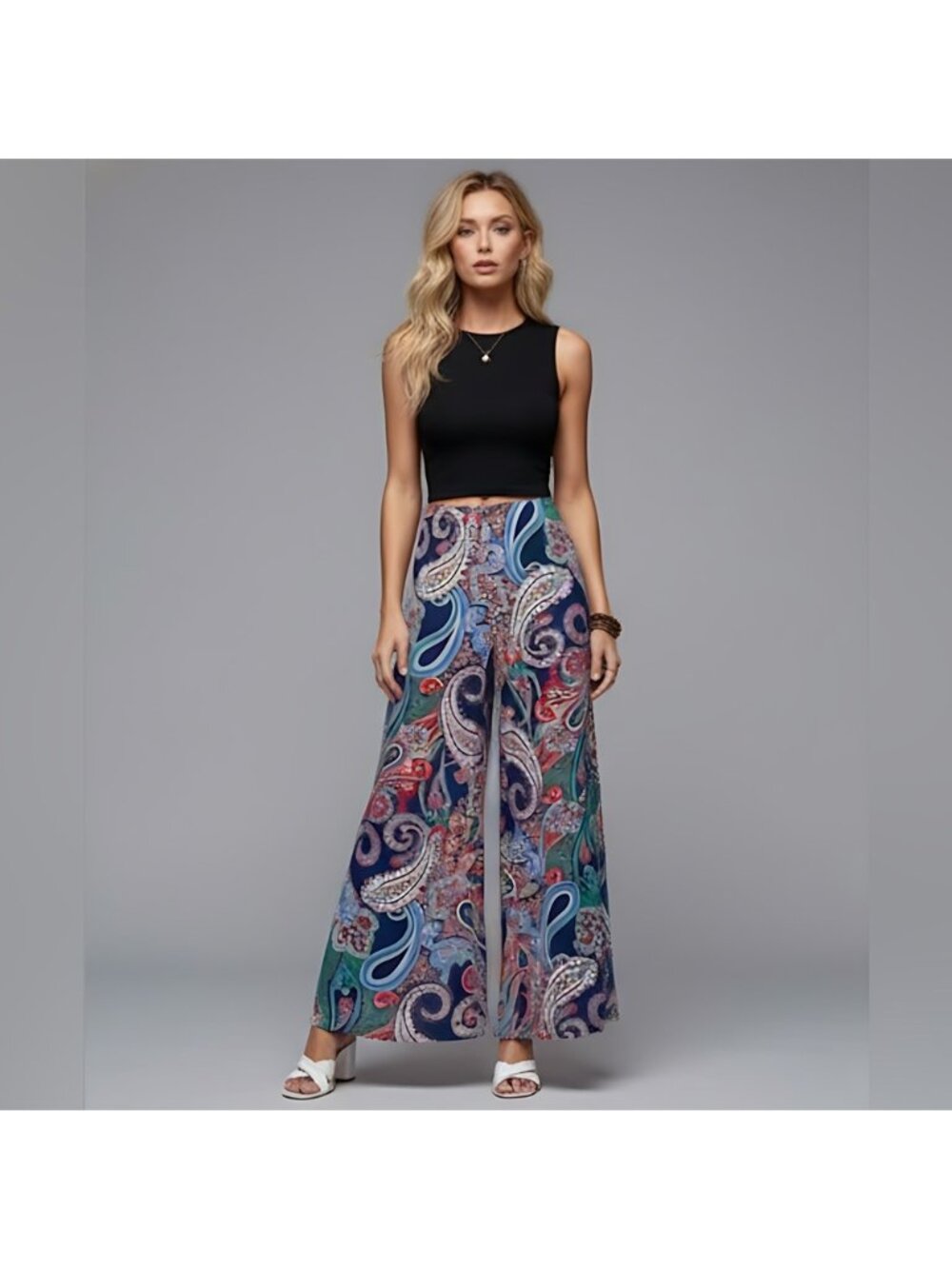 Paisley Print Wide Leg Pants Blue
